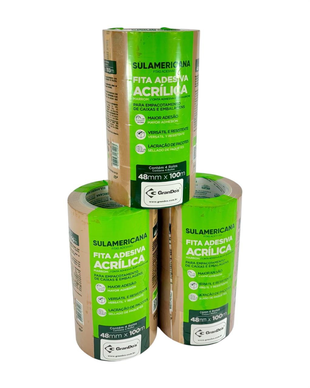 Fita Adesiva 48 mm x 100 metros Marrom no Pack com 3 pacotes Sulamericana