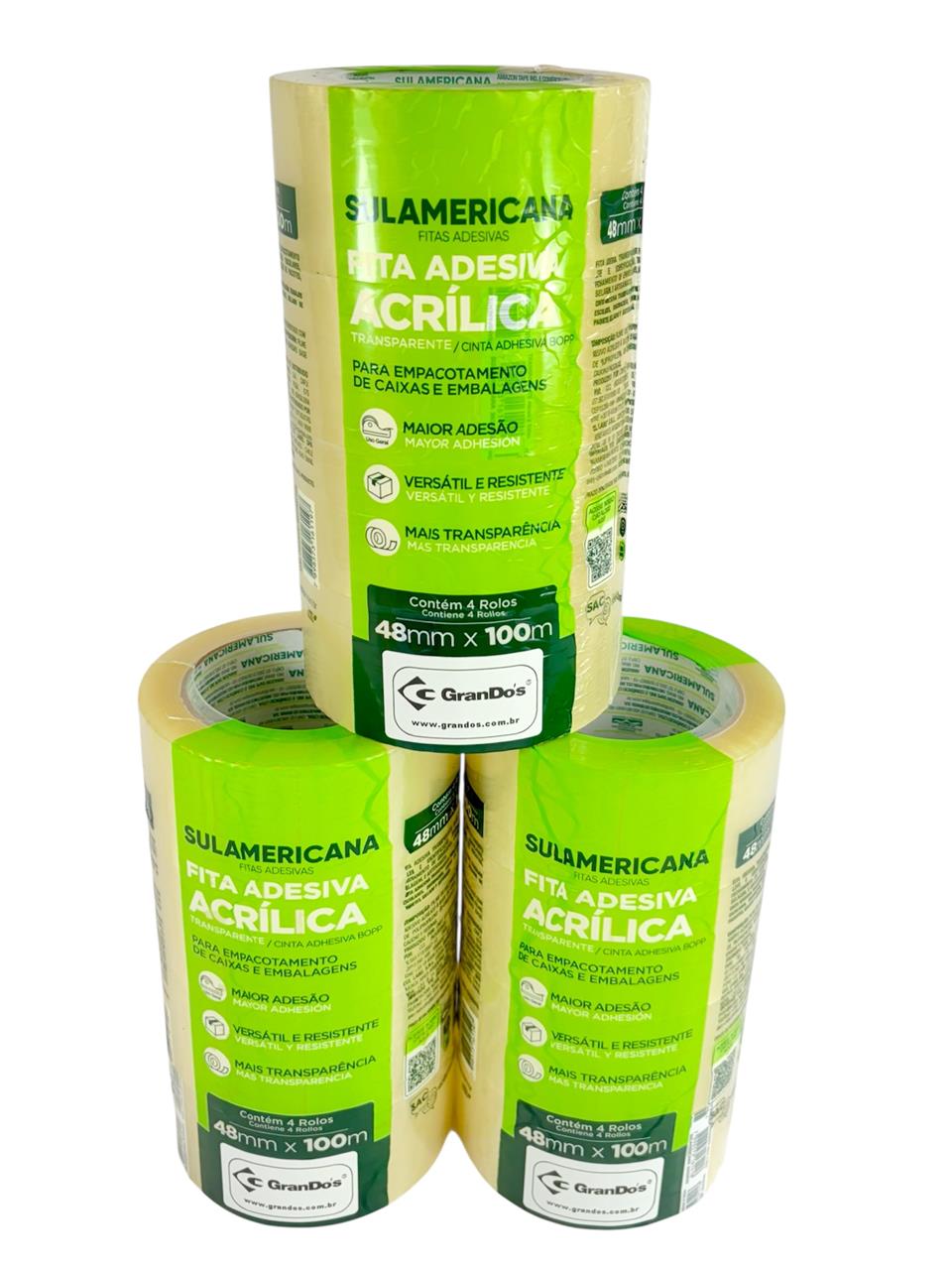 Fita Adesiva 48 mm x 100 metros Transparente no Pack com 3 pacotes Sulamericana